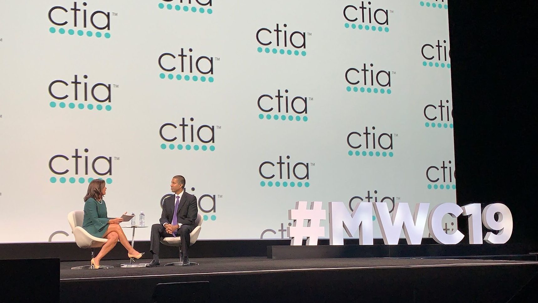 CTIA President and CEO, Meredith Attwell Baker and FCC Chairman Ajit Pai at Mobile World Congress 2019 in Los Angeles.